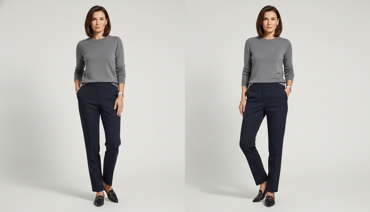 Сравнение: на женщине 40+ гладкие брюки со стрелками и вариант с «гармошкой» у паха — почему фото меняет пропорции