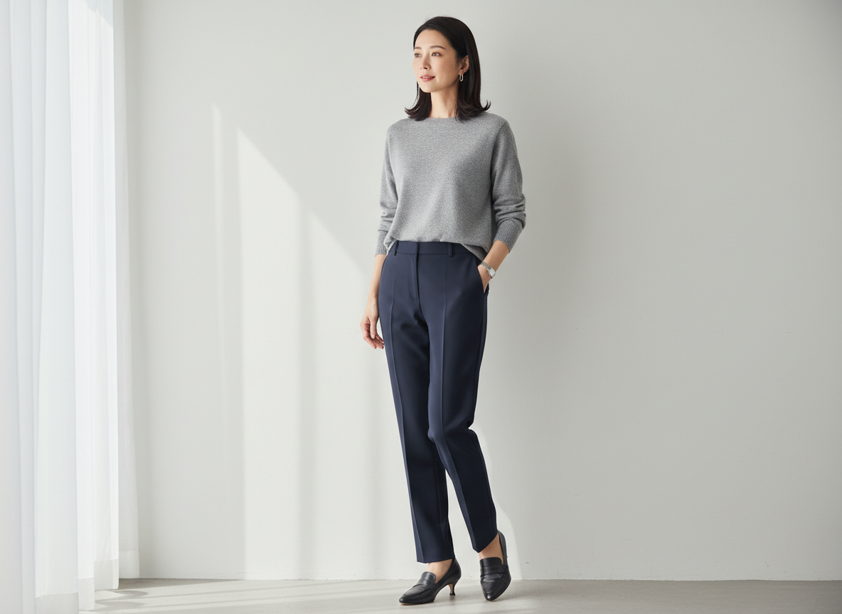 Женщина в тёмно-синих брюках со стрелками и сером свитере: штанина ровная, вертикаль вытягивает ноги