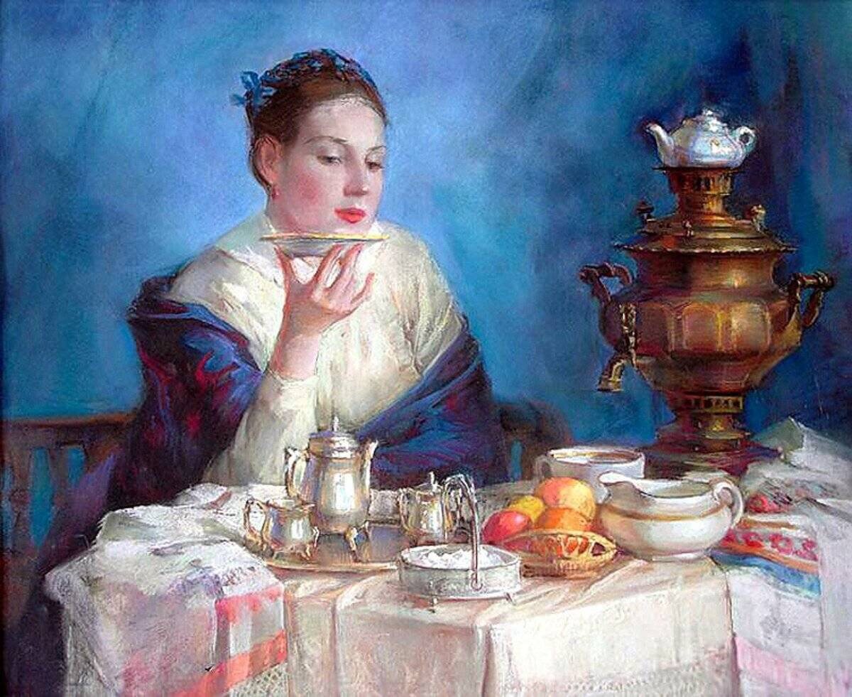 Картина «Купчиха у самовара». Автор Полина Лучанова (р. 1977)