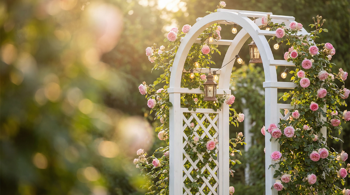 арка в утреннем свете, тропинка, зелень