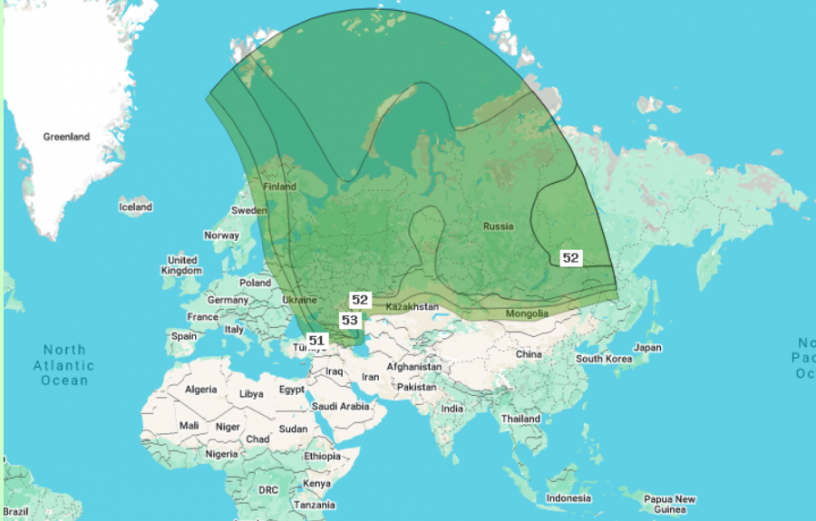 Иллюстративное изображение: карта покрытия НТВ-ПЛЮС со спутника Yamal 402 54.9 гр. E.