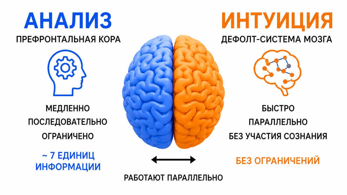 Сознательное мышление имеет жёсткие ограничения: префронтальная кора способна одновременно удерживать в активной памяти около 7 единиц информации, а по современным данным — часто даже меньше. Именно поэтому мозг постоянно передаёт часть обработки в автоматический режим — туда, где формируются интуиция, предчувствия и мгновенное распознавание паттернов. Большая часть анализа происходит ещё до того, как человек успевает это осознать. Фото: Хатуна Колбая
