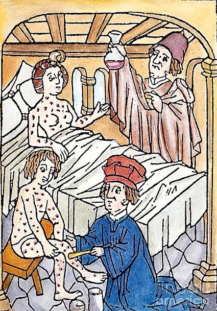Врач осматривает семью, страдающую сифилисом. Рисунок в средневековой хронике