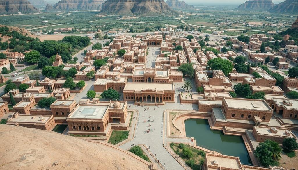    Древний город с идеальной планировкой, широкими улицами и системами канализации, окруженный зелеными ландшафтами.