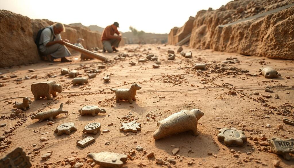    Археологические раскопки в Индской цивилизации, исследователи находят игрушки и печати с изображениями животных, передающие атмосферу мира.