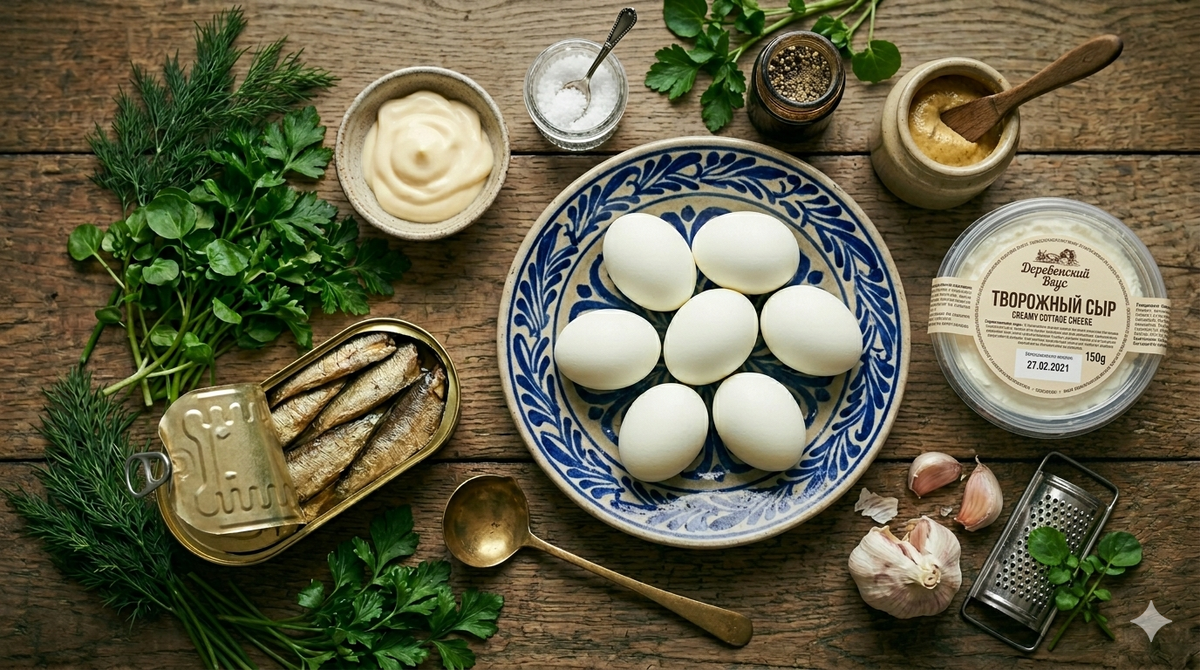 Основа для всех трёх начинок:                                                                      Яйца варёные — 6 штук.                                                     Майонез — 3–4 столовых ложки.                                                                  Соль, белый перец — по вкусу.                                         Горчица дижонская — половина чайной ложки.             Творожный сыр упаковка.                                              Банка шпрот.                                                                        Чеснок.                                                                                   Зелёный лук.                                                                             