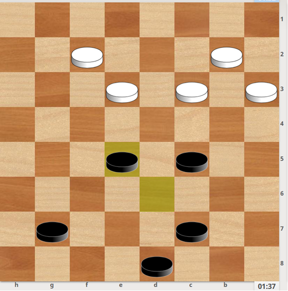 1. f2-g3 (1.cb4 cd6 2.bc3 de7 3.g3 h6 4.gf4=) e5-d4 2. c3xe5 c5-b4 3. a3xc5 c7-d6 4. c5xe7 d8xh4 5. b2-c3 h4-g3 6. c3-d4 g3-f2 7. d4-e5 f2-g1 8. e5-d6 g1-h2 9. d6-e7 g7-f6 10. e7xg5 h2-e5 0-2