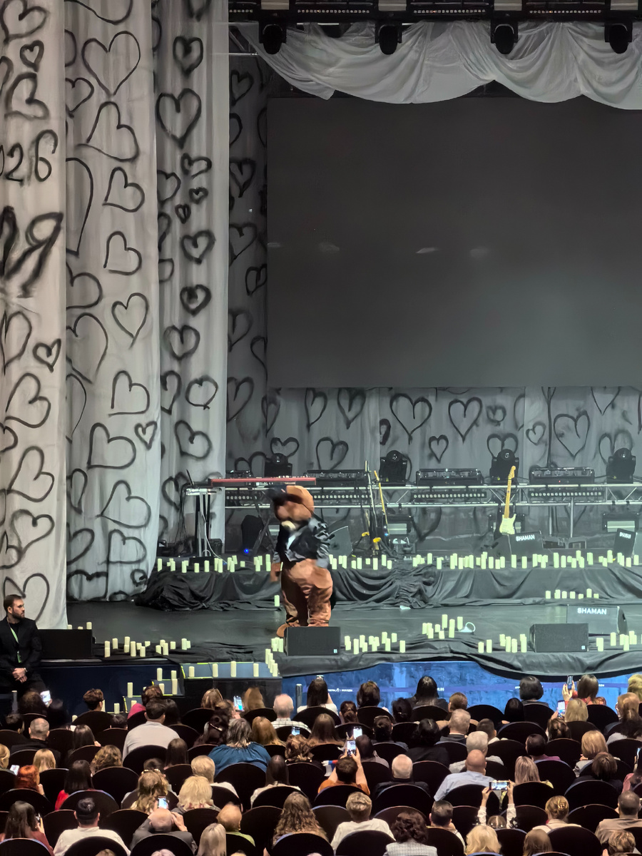 Фото автора. Человек в ростовой кукле медведя проверяет сцену перед началом концерта, а во время самого концерта и подтанцовывает.