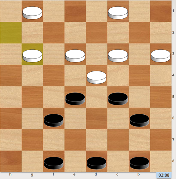1…  f8-e7 2. g3-h4 b8-a7 3. g1-h2 e5-f4 4. e3xg5 c5xe3 5. c3-d4 (ГРОЗИТ ЧТО?) e3xc5 6. g5-h6 b6-a5 21. c1-d2 c5-d4 ++