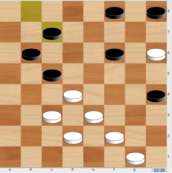 1. c3-b4 c5xa3 2. d4-e5 f6xd4 3. e3xa7 c7-b6 (4. … a3-b2 5. D2-С3 6. f2-g3 х)4. a7xc5 a3-b2 5. c5-b6 b2-c1 6. b6-a7 c1xf4 7. a7-b8 f4-h2 8. f2-g3 х