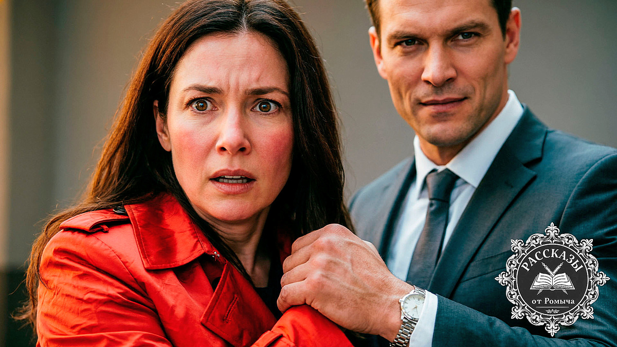 Женщина, темно-русые волосы, карие глаза, в ярко-красном тренче. На её запястье лежит мужская рука в строгом костюме. На заднем плане муж славянской внешности с холодным, торжествующим взглядом. Фокус на лицах, выражающих шок у женщины и спокойную уверенность у мужчины.