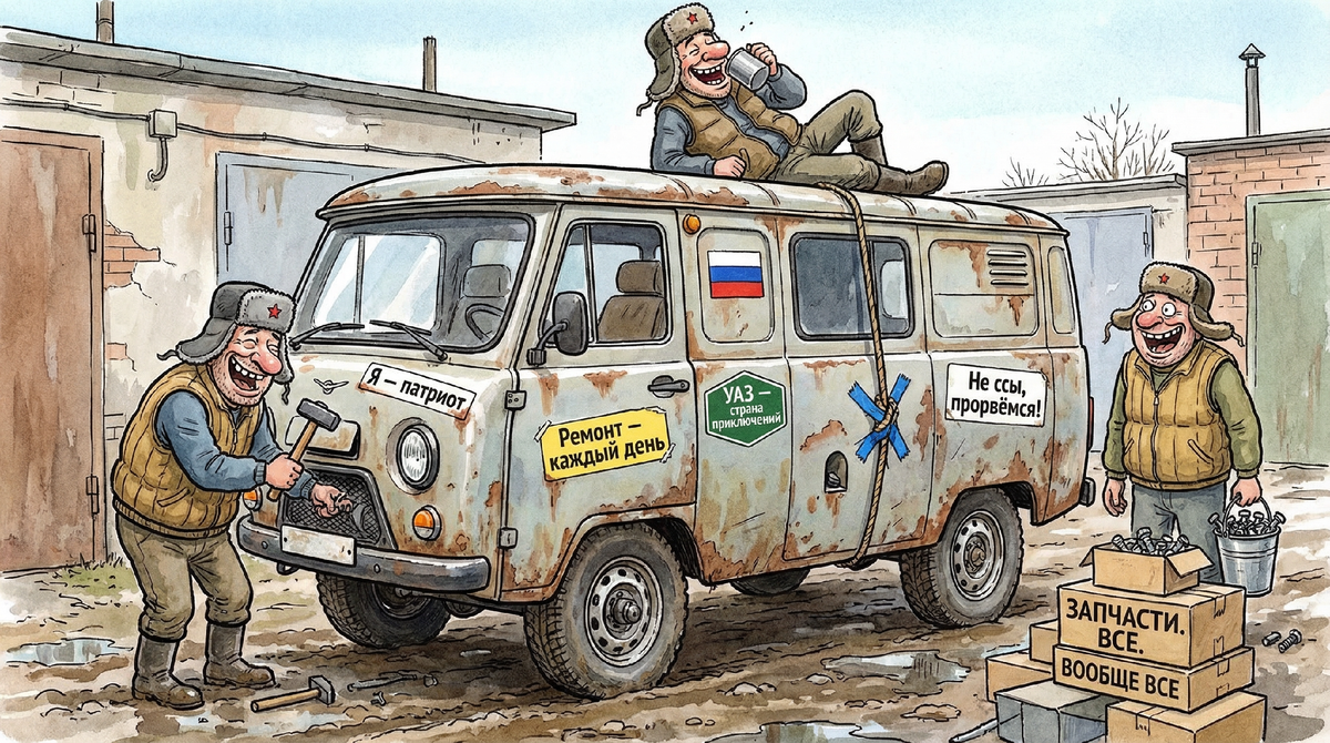 Сосед Петя так гордится своим УАЗиком, что взял наклейку “Сделано в России” и наклеил на все дверцы. Говорит, так он быстрее ржавеет — патриотизм ускоряет процессы.
