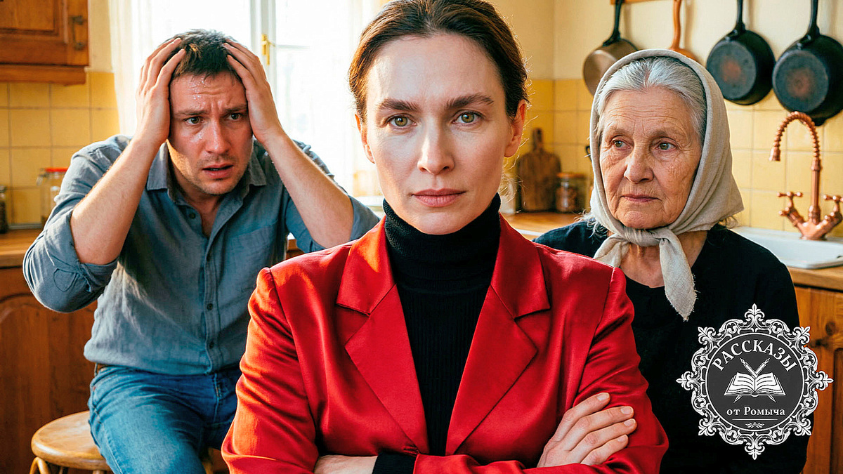 Женщина в ярко-красном шелковом жакете, стоит со скрещенными руками и холодным торжествующим взглядом. На заднем плане пожилая славянка 70 лет в простом платке с достоинством смотрит на мужчину 40 лет, который в шоке и растерянности сидит на кухонном табурете, схватившись за голову.