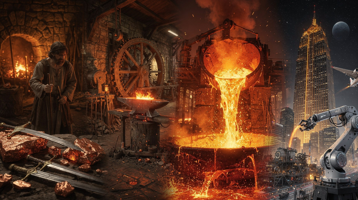 Сталь в небоскрёбах, алюминий в самолётах, медь в проводах — металлы окружают нас повсюду. Но когда‑то человек только учился их добывать и обрабатывать. Как из простых камней с вкраплениями металла родилась целая отрасль, изменившая ход истории? Разберёмся в истоках металлургии!