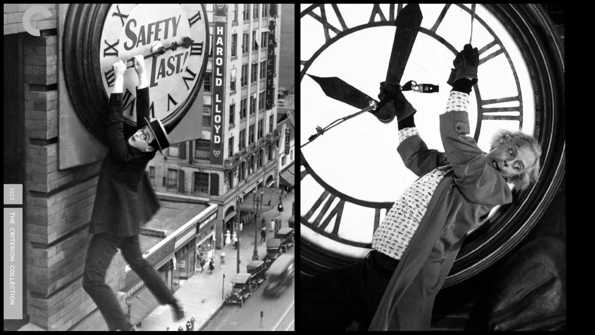 "Безопасность прениже всего" (реж. Фред Ньюмайер, Сэм Тейлор, 1923), "Назад в будущее" (реж. Роберт Земекис, 1985)