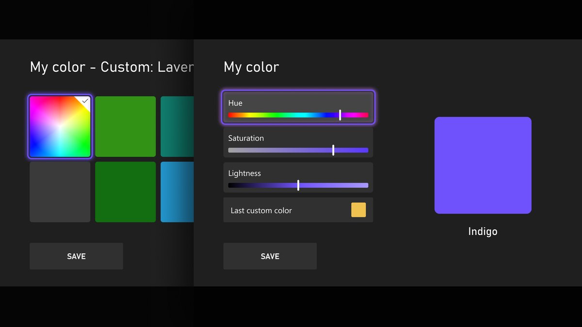 Изображение: Microsoft. Настройка пользовательского цвета в приложении "Xbox".