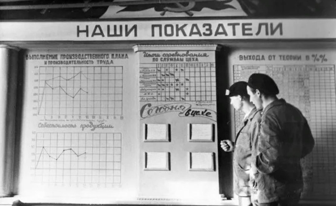 Рабочие у информационной доски, где наглядно показана производительность труда и выполнение плана