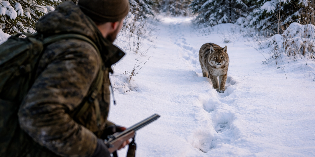 РЫСЬ, КОТОРАЯ ШЛА ПО СЛЕДУ ОХОТНИКА И НЕ БОЯЛАСЬ ПОДХОДИТЬ БЛИЖЕ