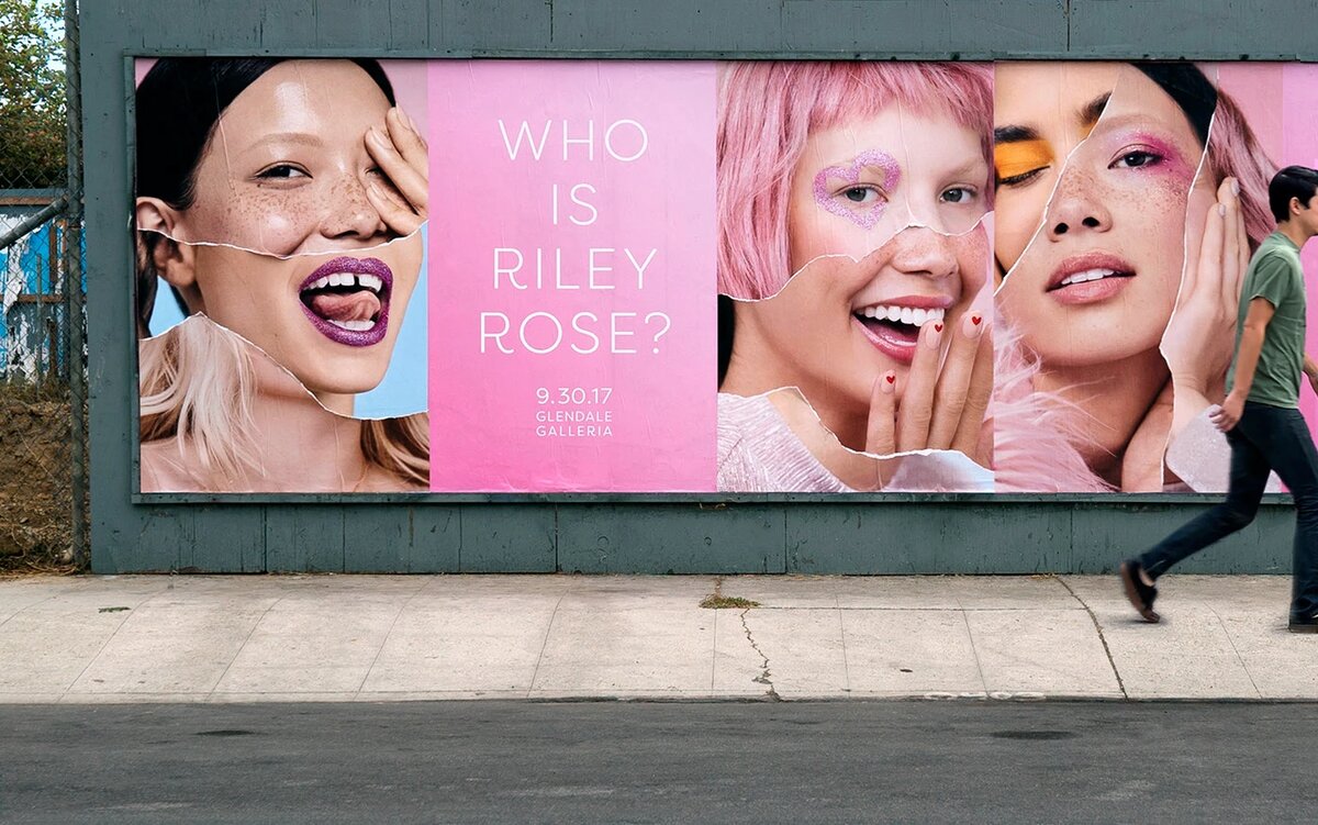 Реклама косметики Riley Rose. На снимках были наложены друг на друга изображения разных моделей, вырезанные по частям, чтобы получился коллаж уникальной красоты.Это одновременно и тизер, и подсказка: кампания показывает, что Райли Роуз — это не один человек, а все мы.