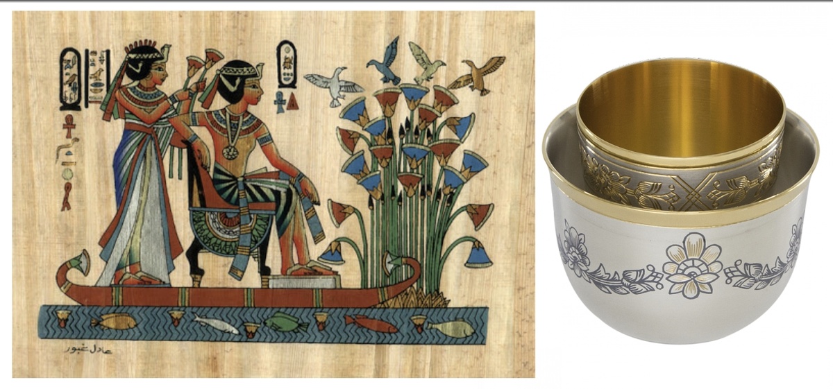 Папирус на рисунке, изображающем фараона и его жену, плывущих на лодке по Нилу