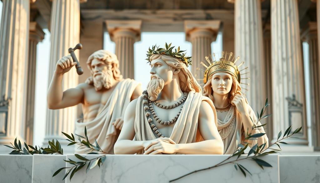    Изображение древнегреческих богов Зевса и Афины на фоне классического греческого храма с мраморными колоннами.