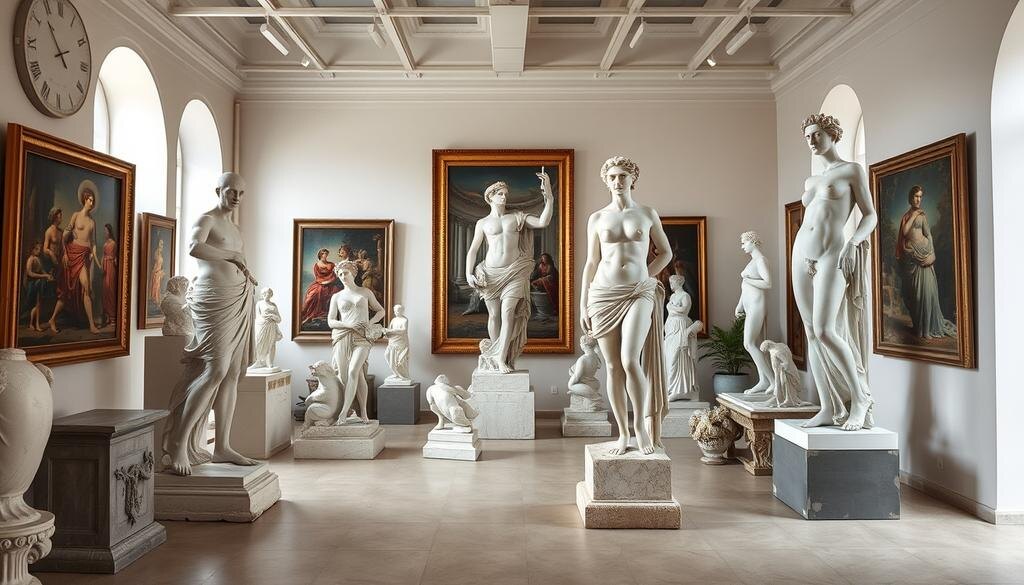    Искусствоведческая студия с древнегреческими скульптурами и картинами, вдохновляющими современный дизайн.