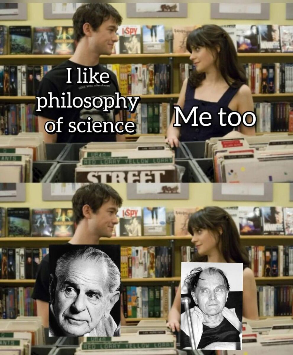На картинке:
— Я люблю философию науки
— Я тоже
*слева — Поппер. Справа — Фейерабенд*