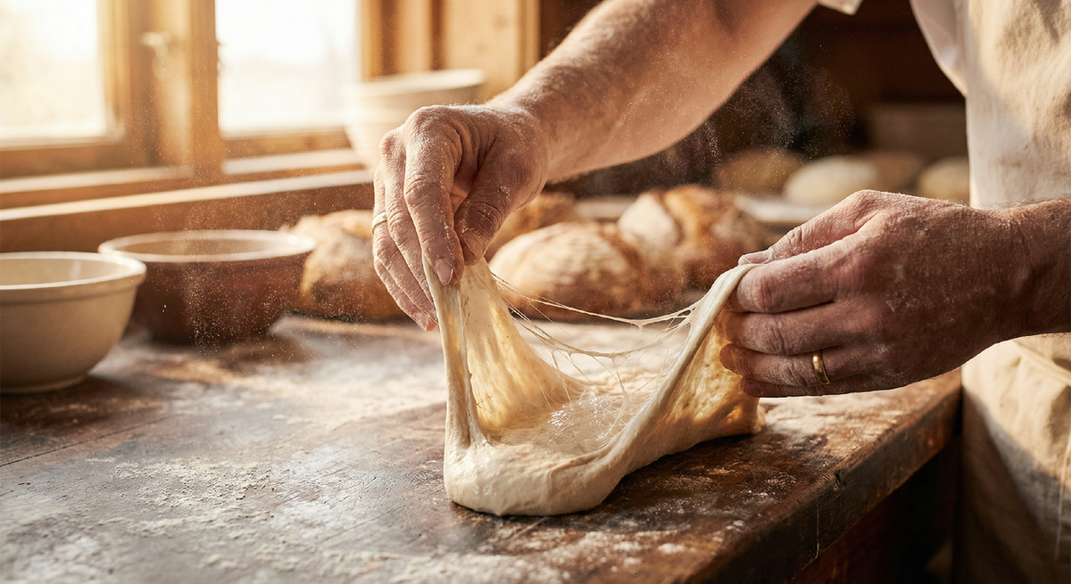 Вот он — глютен в действии. Те самые нити, которые позволяют тесту растягиваться и не рваться, удерживать газ от дрожжей и подниматься. Без глютена не было бы хлеба. Совсем