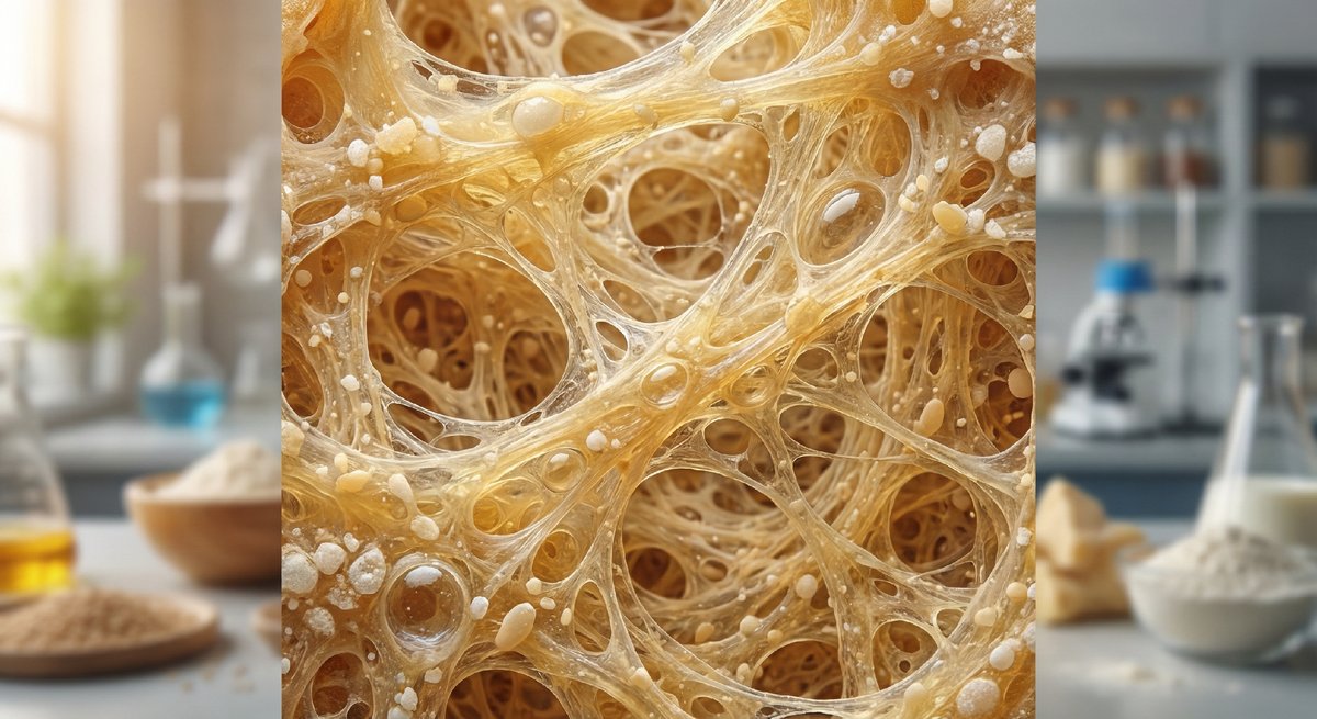 Глютеновая сеть под микроскопом — переплетение белковых нитей, которые делают тесто эластичным и удерживают газ от дрожжей. То, что кажется однородной массой, на самом деле сложная живая структура