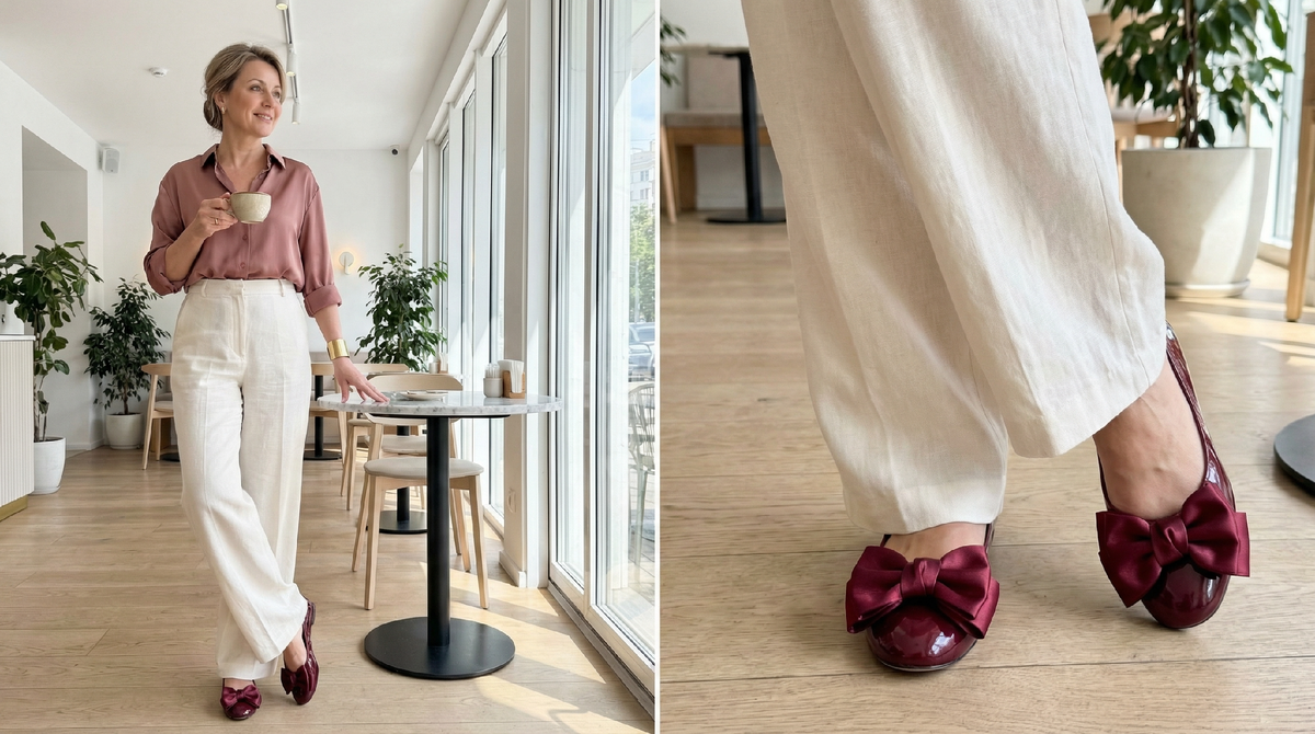 Модные балетки 2026 с бантом и широкие льняные брюки - сочетание, которое работает от завтрака до вечернего ужина