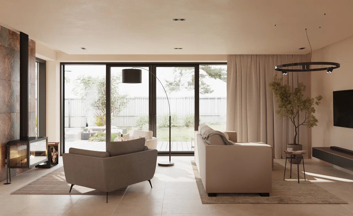 Камин, панорамное остекление и прямой выход в сад – классика хорошего загородного сценария