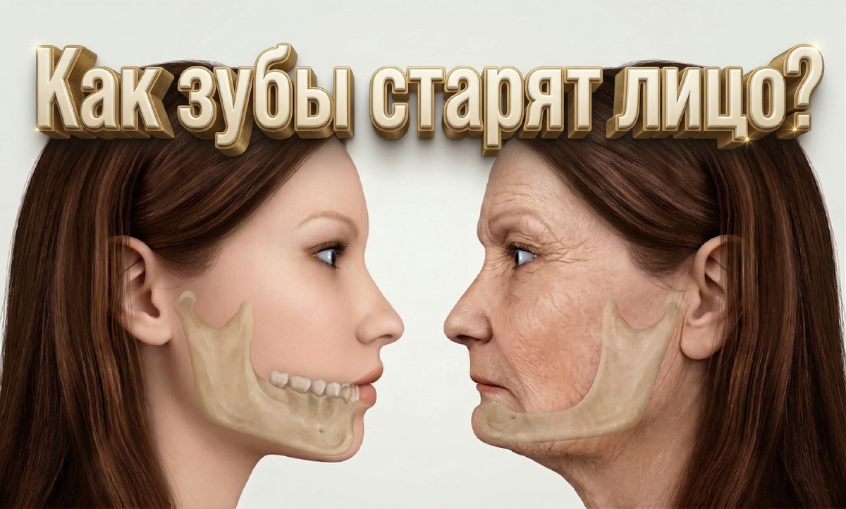 Справа можно увидеть, как при потере зубов убывает кость и снижается высота прикуса. 