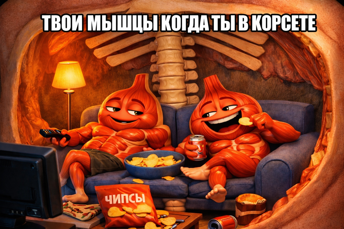 Мышцы пресса и спины на «расслабоне», когда одет корсет.