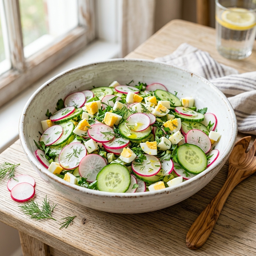 Салата из редиса, огурца, яиц и зелени