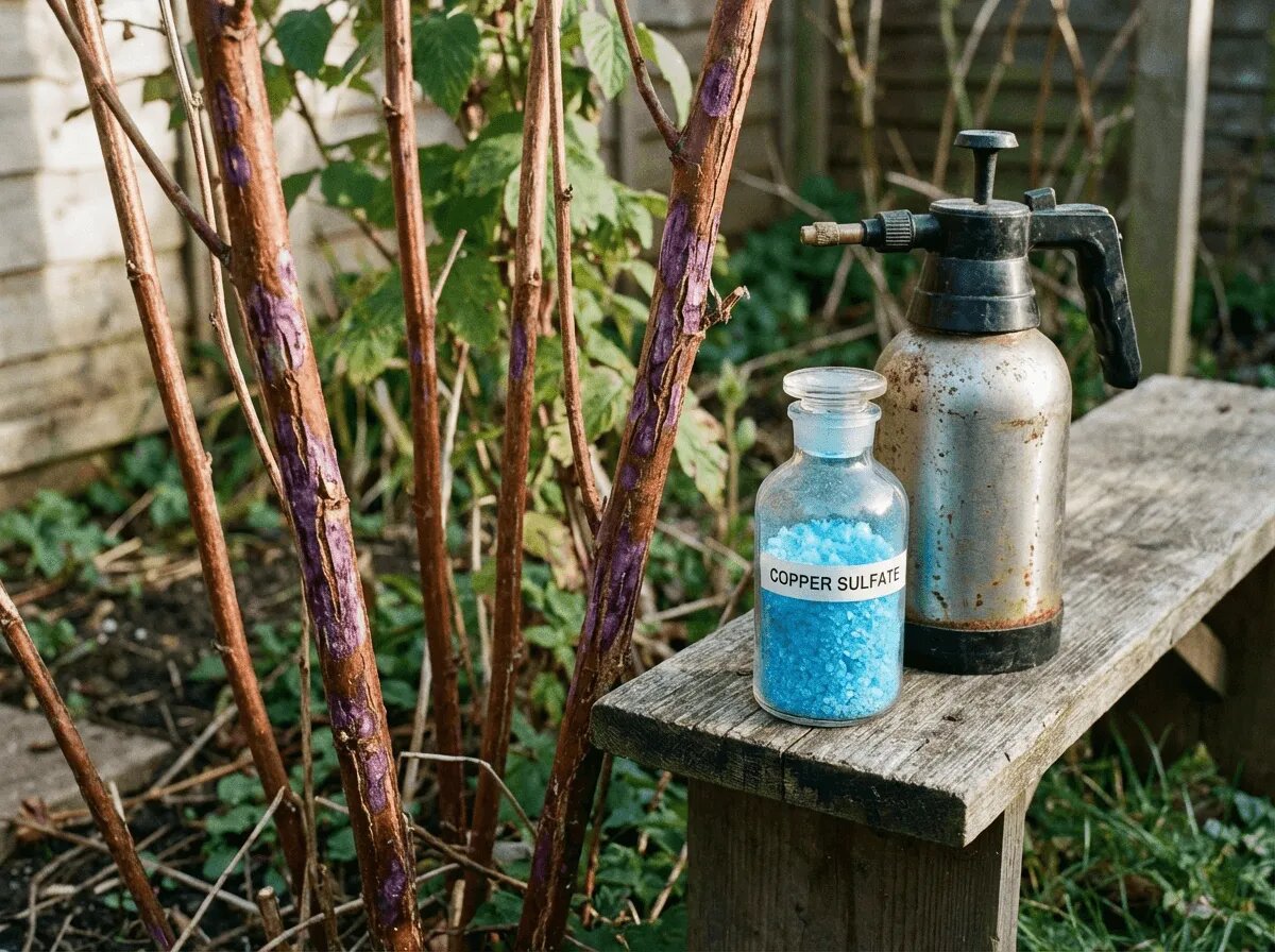 Однопроцентный раствор медного купороса убивает споры по голому побегу