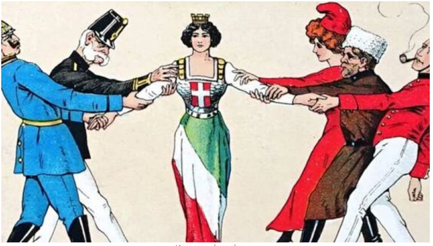 Плакат времен начала Первой Мировой. Италия между военными блоками. В итоге, выбрав Антанту, Италия получила не совсем то что ожидала. Взято с https://m.fishki.net/4290885-pochem-italija-poshla-protiv-germanii-v-pervoj-mirovoj.html