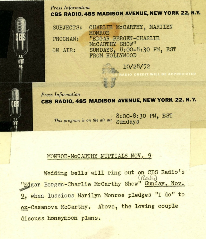 Сообщение о помолвке Мэрилин Монро с Чарли Маккарти , 28.10.1952.