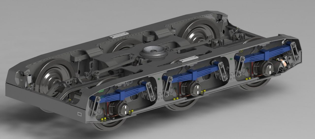 Рендер проекта трехосной тележки типа 37TN для тяжеловесных грузовых вагонов. Источник: Познанский технологический институт