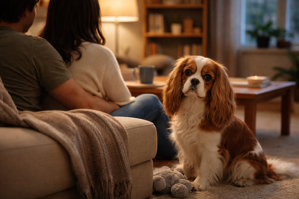 Небольшой кавалер спокойно держится рядом с семьёй в обычном домашнем вечере.