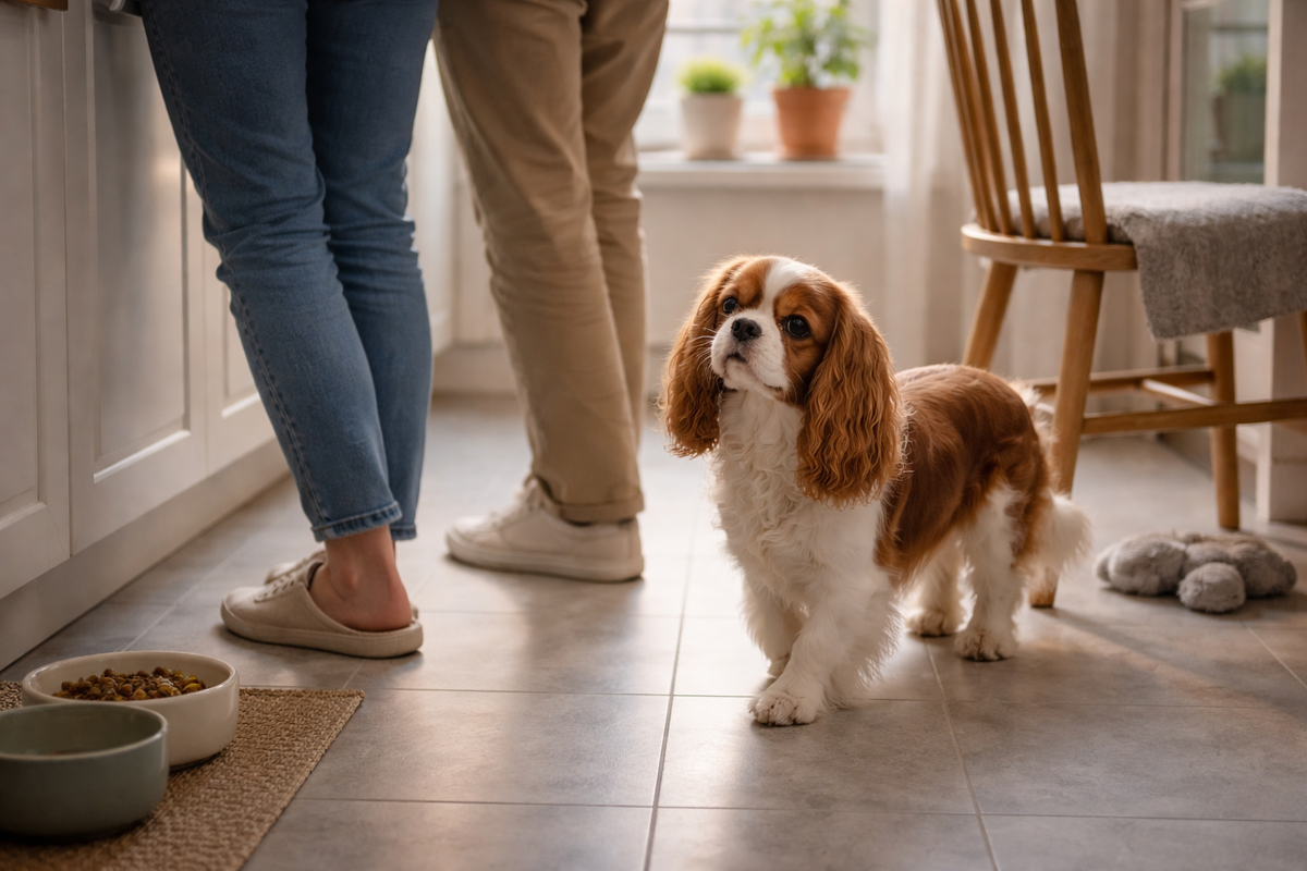 Кавалер легко вписывается в утреннюю суету небольшой квартиры и не мешает ритму дома.