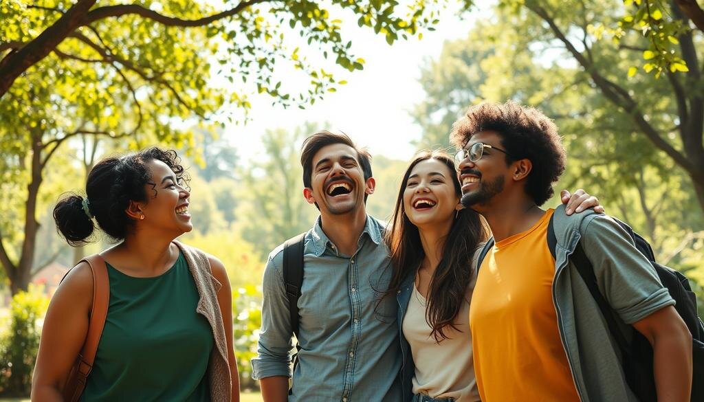    Группа счастливых людей смеется вместе в солнечном парке, показывая связь между положительными эмоциями и иммунной системой.