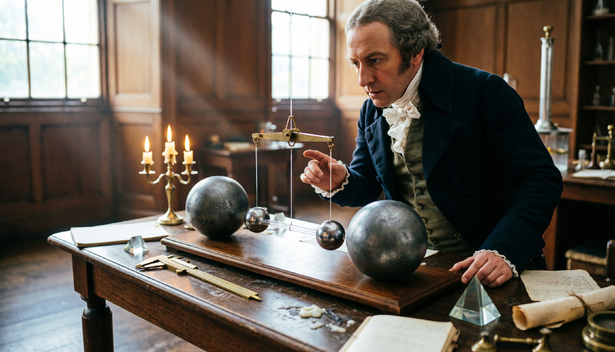 Тонкая кварцевая нить крутилась от притяжения свинцовых шаров – так Кавендиш впервые измерил гравитацию как число. Он хотел узнать плотность Земли, а нашёл ключ к пониманию Вселенной.