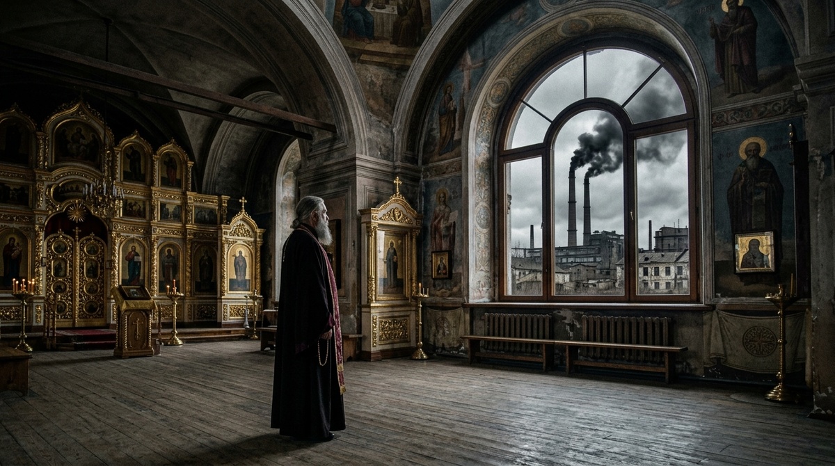 Одинокий священник в пустом храме на фоне дымящих заводов