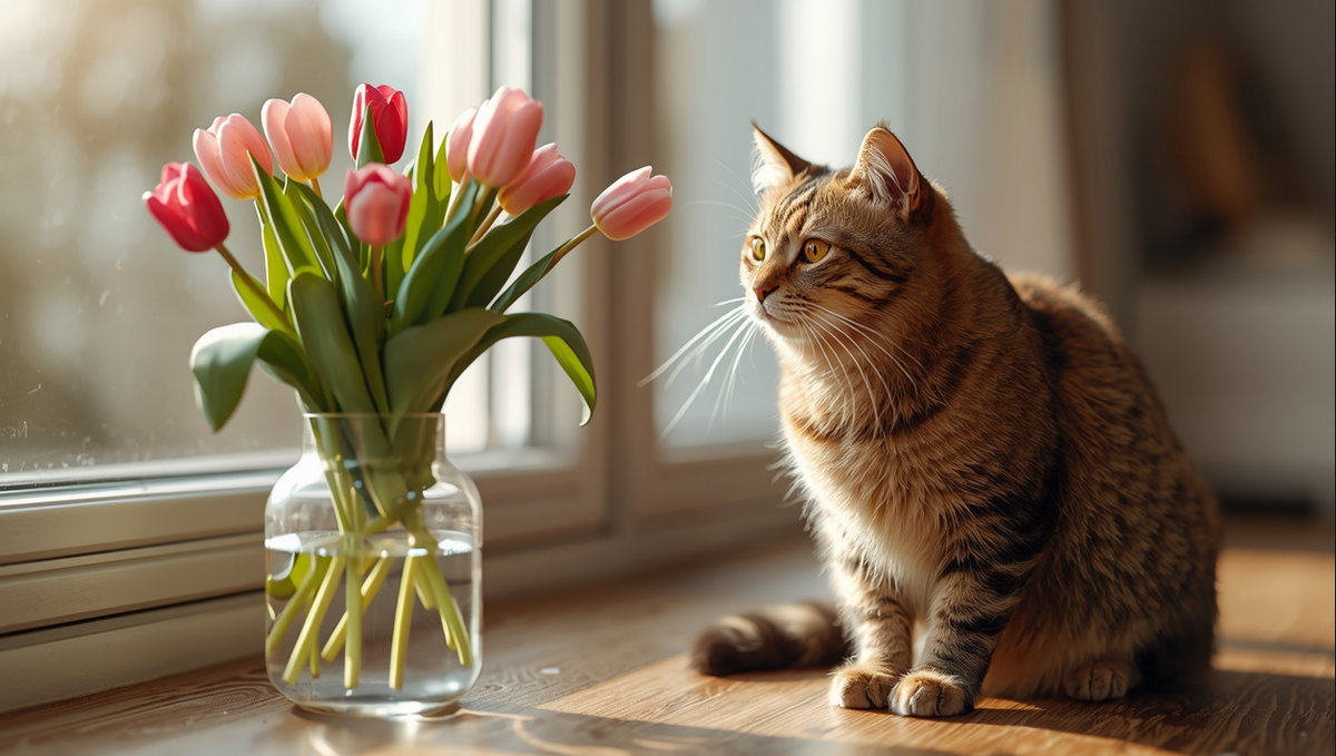 Кошка и тюльпаны