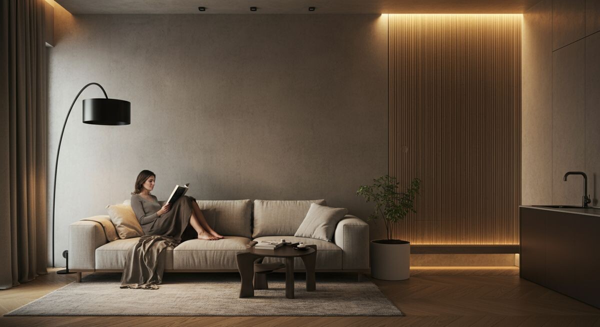 Уютная современная гостиная, где женщина спокойно читает книгу на диване, на заднем плане виден потолок с элегантным дизайном, создающим ощущение тишины и уюта
