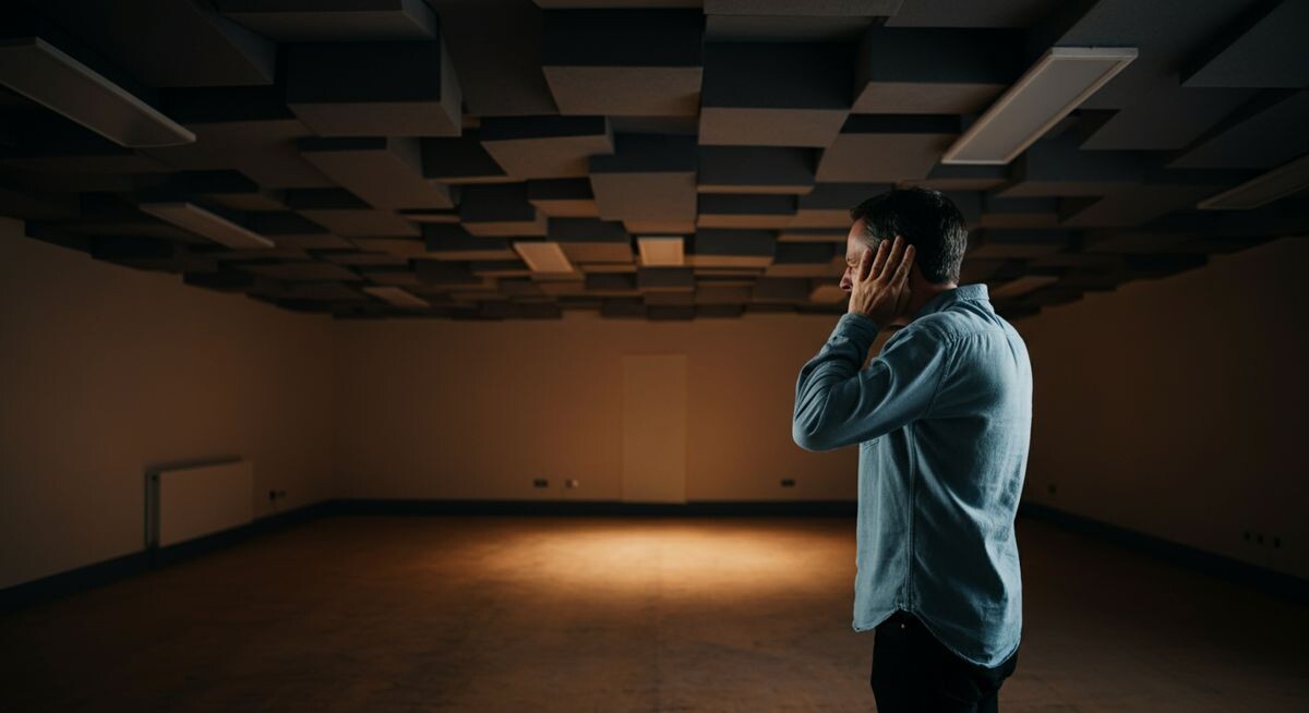 Человек прикладывает ухо к потолку, явно раздражен и расстроен из-за шума сверху, пустая комната с жесткими поверхностями, плохая акустика