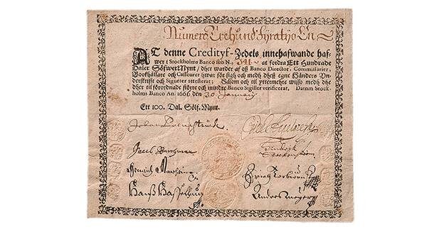 Первая банкнота Европы (Стокгольмский банк, 1661 год) / Sveriges Riksbank (Центральный банк Швеции), историческая коллекция