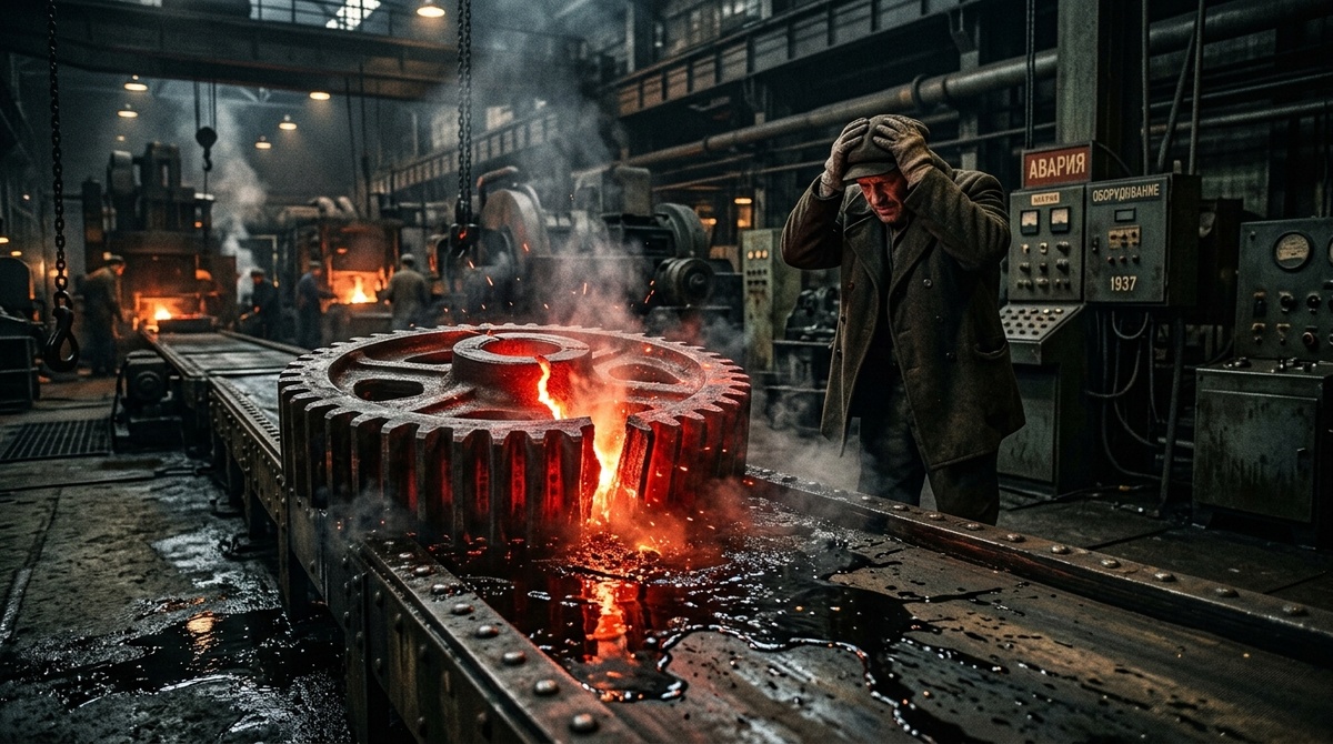 Перегретая шестеренка и сломанный конвейер на советском заводе