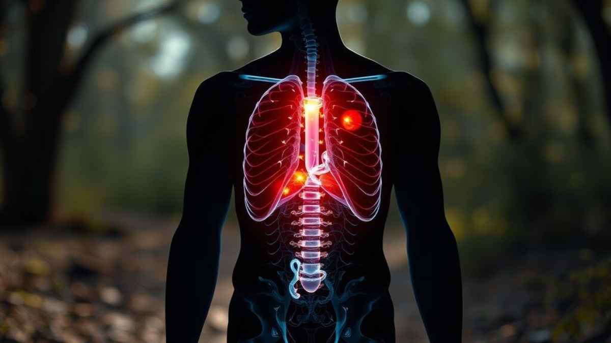 Силуэт человека с подсвеченными внутренними органами, как будто заряжающийся или разряжающийся аккумулятор энергии.