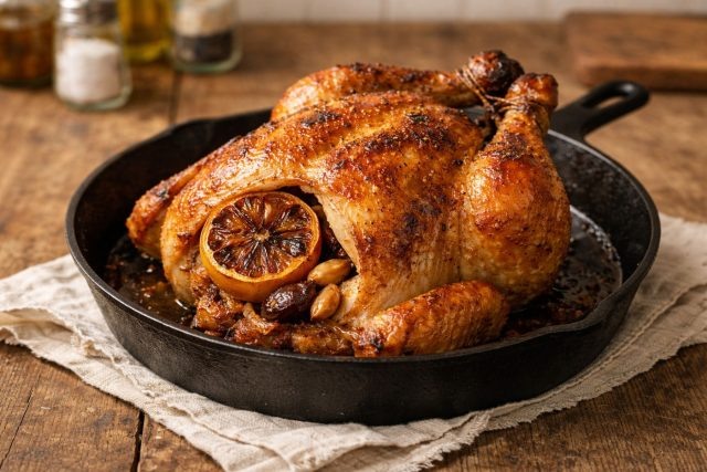 Лимон, втертый в кожу курочки и спрятанный внутрь курицы вместе с чесноком, помогает получить ту самую золотистую корочку: снаружи хруст, внутри сочное мясо с чистым ярким ароматом.  📷
